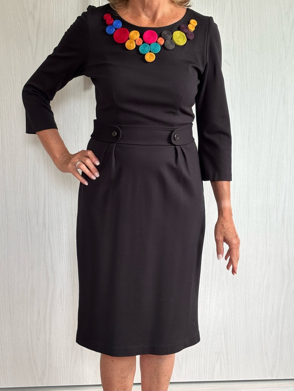 Black Sheath Dress with Colorful Rosette Neckline